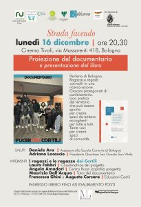Locandina evento 16 dicembre: presentazione libro Costruire spazi di comunità e del documentario Fuori dai cortili